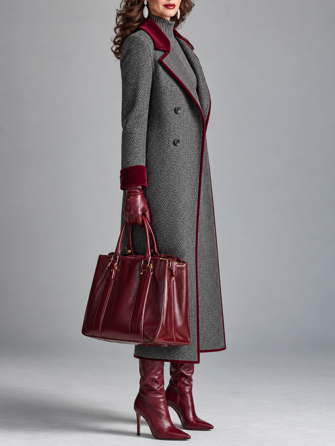 Iris – Herringbone Longline Coat with Velvet Trim