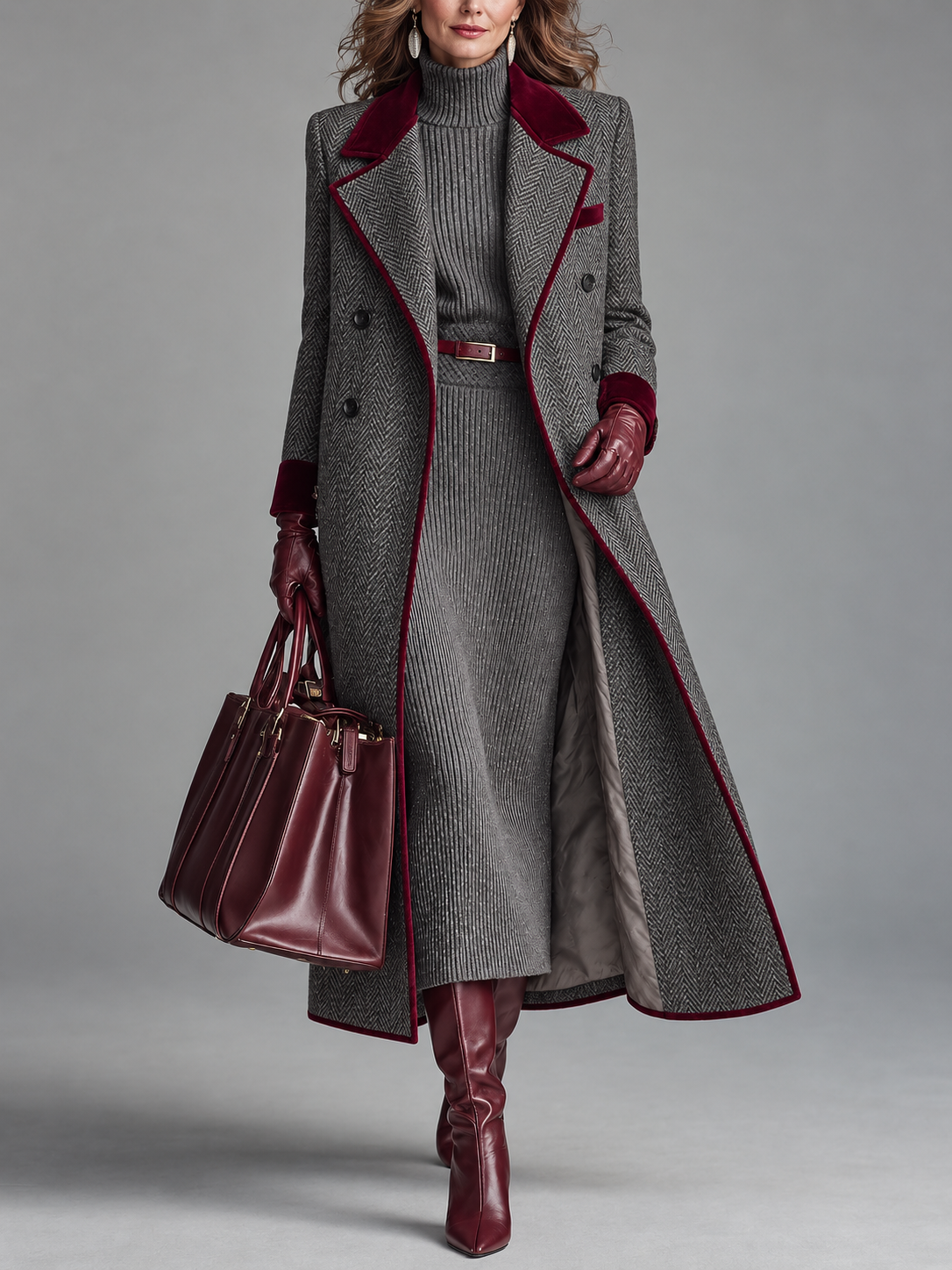 Iris – Herringbone Longline Coat with Velvet Trim