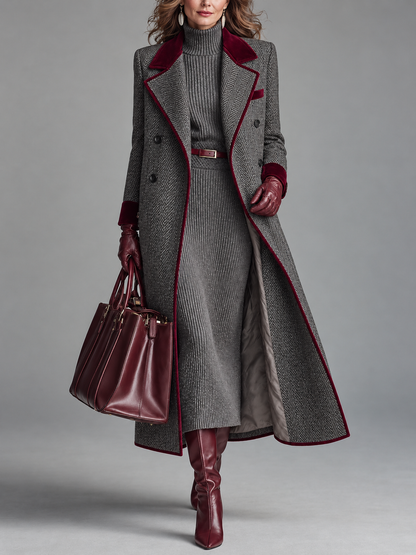 Iris – Herringbone Longline Coat with Velvet Trim