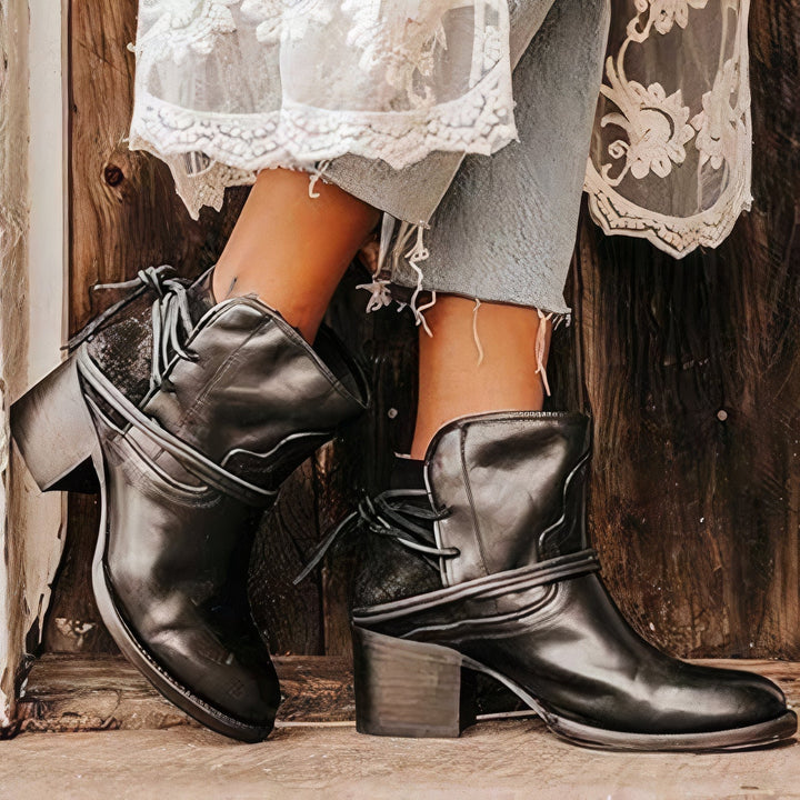 Milana | Ankle Boots – Western Style – Block Heel – Wrapped Lacing Detail