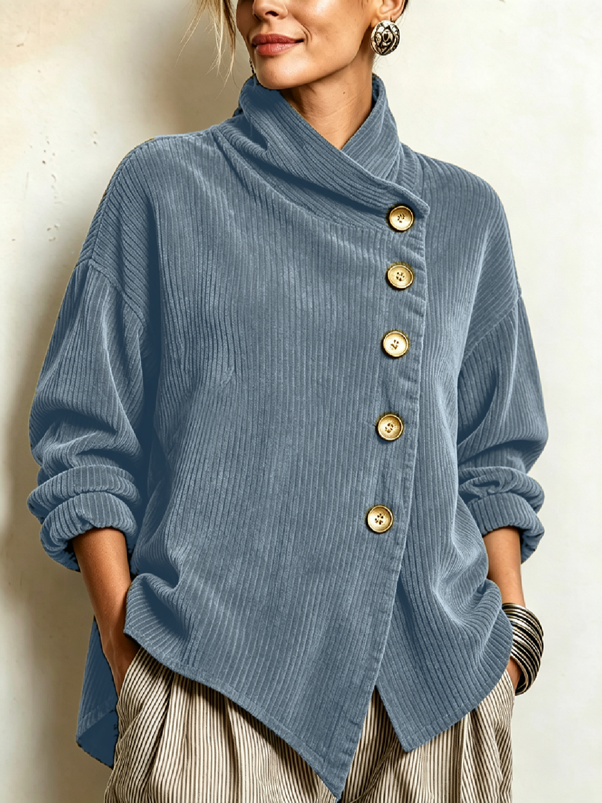 Octavia – Ribbed Diagonal Button Top