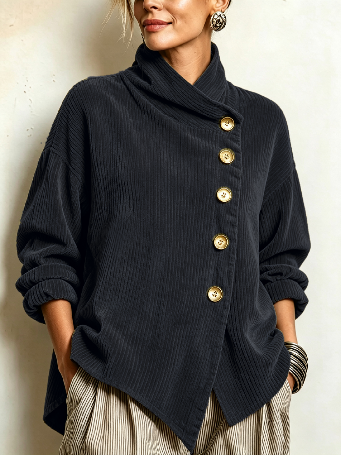 Octavia – Ribbed Diagonal Button Top