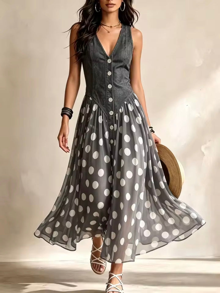 Orla – Denim Bodice Polka Dot Midi Dress