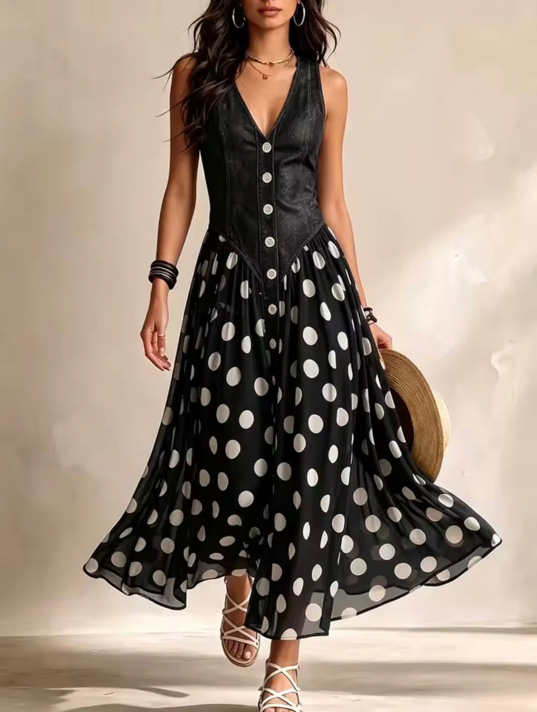 Orla – Denim Bodice Polka Dot Midi Dress