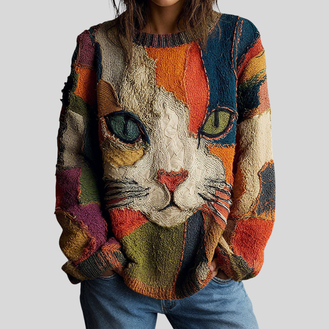 Cressida – Artistic Cat Patchwork Knit Pullover
