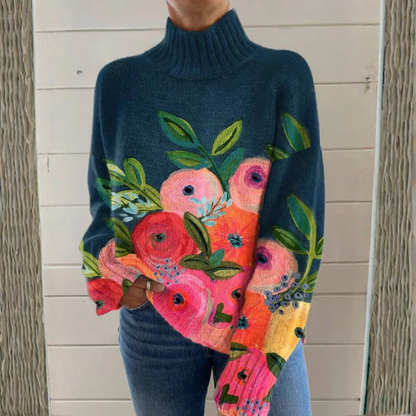 Mairead – Floral Print Polo Neck Jumper