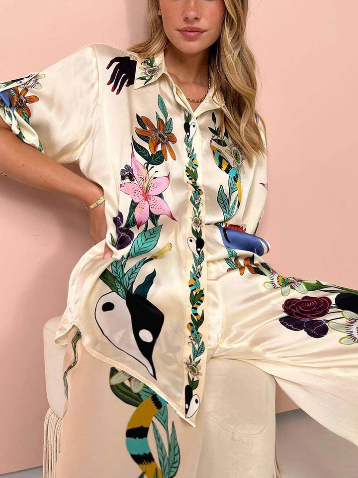 Starla | Resort Vibes Satin Unique Print Shirt & Trousers Set Fit