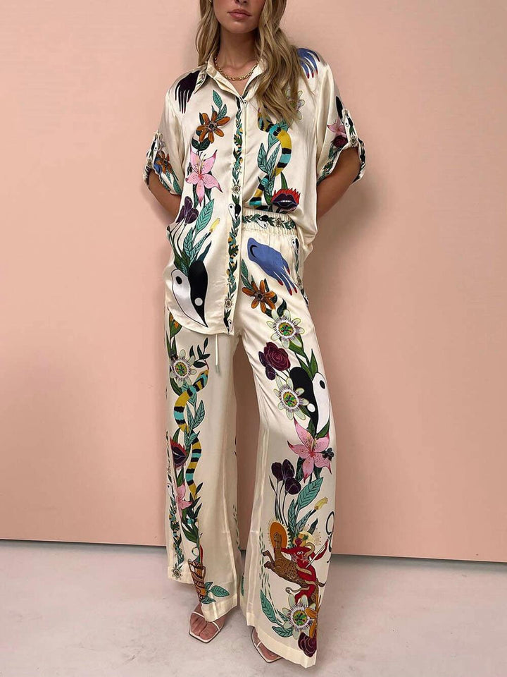 Starla | Resort Vibes Satin Unique Print Shirt & Trousers Set Fit