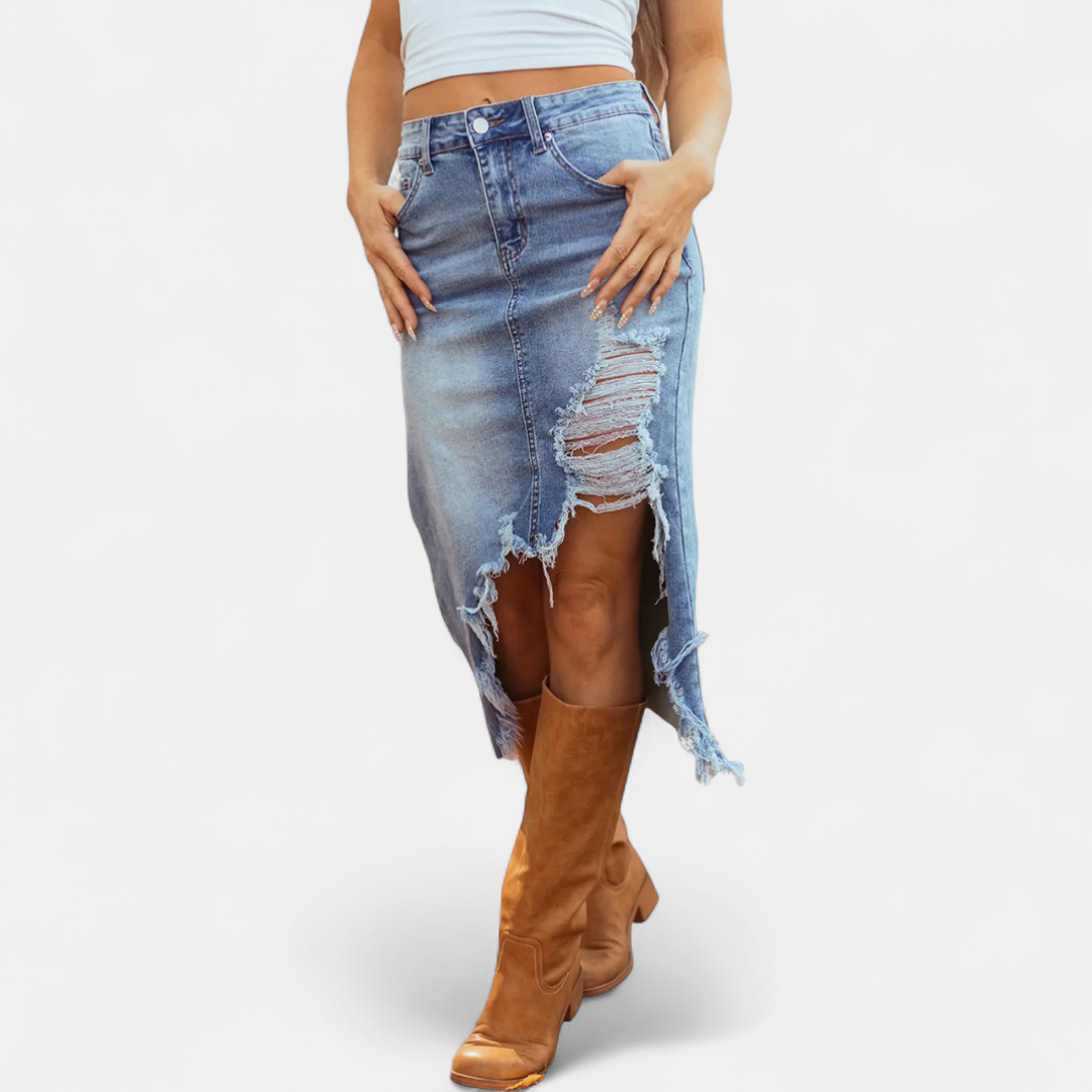 Phoebe – Distressed Asymmetric Denim Midi Skirt