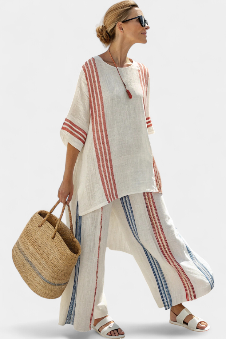 Tracy | Sophisticated Multicolour Striped Top & Mediterranean Trousers