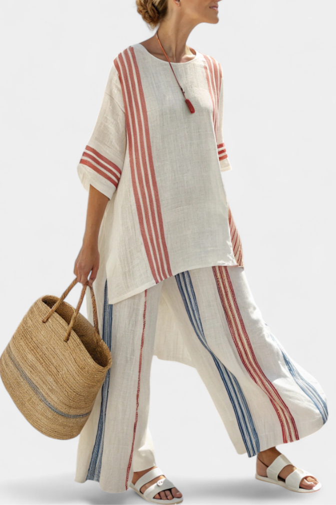 Tracy | Sophisticated Multicolour Striped Top & Mediterranean Trousers