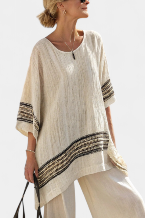 Brooklynn | Elegant Black-Striped Linen Top & Flowing Trousers