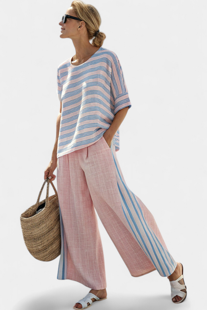Annika | Elegant Pink-Blue Linen Blouse & Soft Trousers