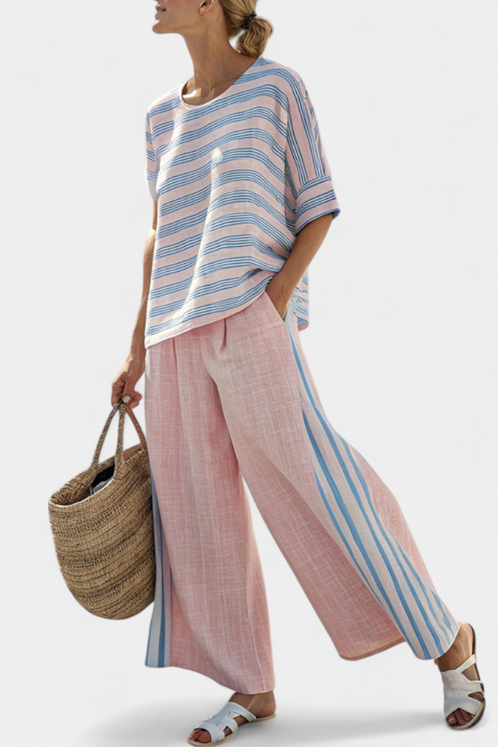 Annika | Elegant Pink-Blue Linen Blouse & Soft Trousers