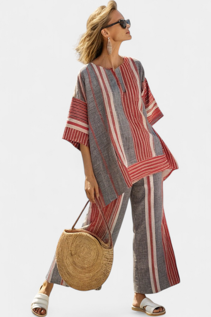 Kit | Elegant Coral-Grey Linen Top & Wide-Leg Trousers
