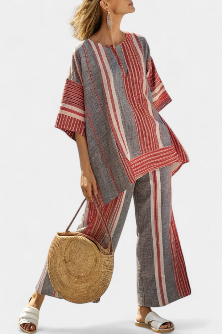Kit | Elegant Coral-Grey Linen Top & Wide-Leg Trousers