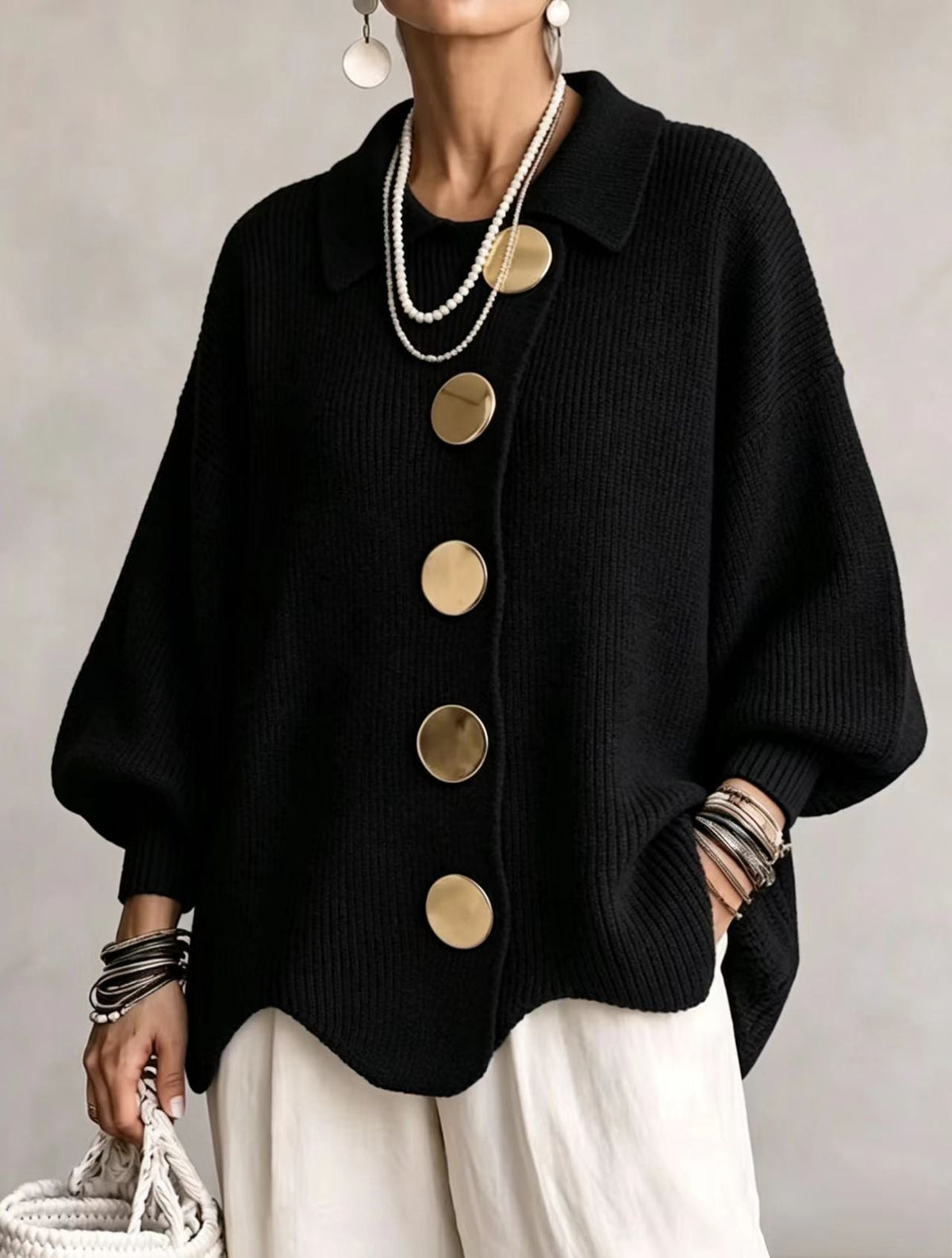 Pamela – Oversized Knit Cardigan with Gold Buttons