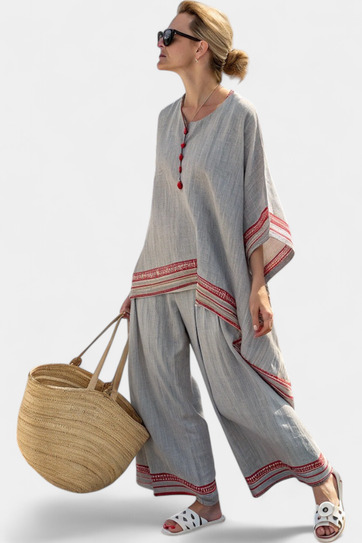 Kayleigh | Sophisticated Asymmetrical Blouse & Ethnic Wide-Leg Trousers