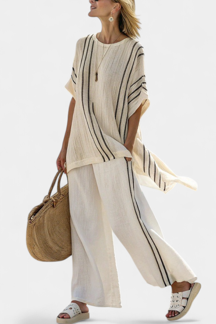Emelia | Elegant Ivory Linen Blouse & Black Striped Trousers
