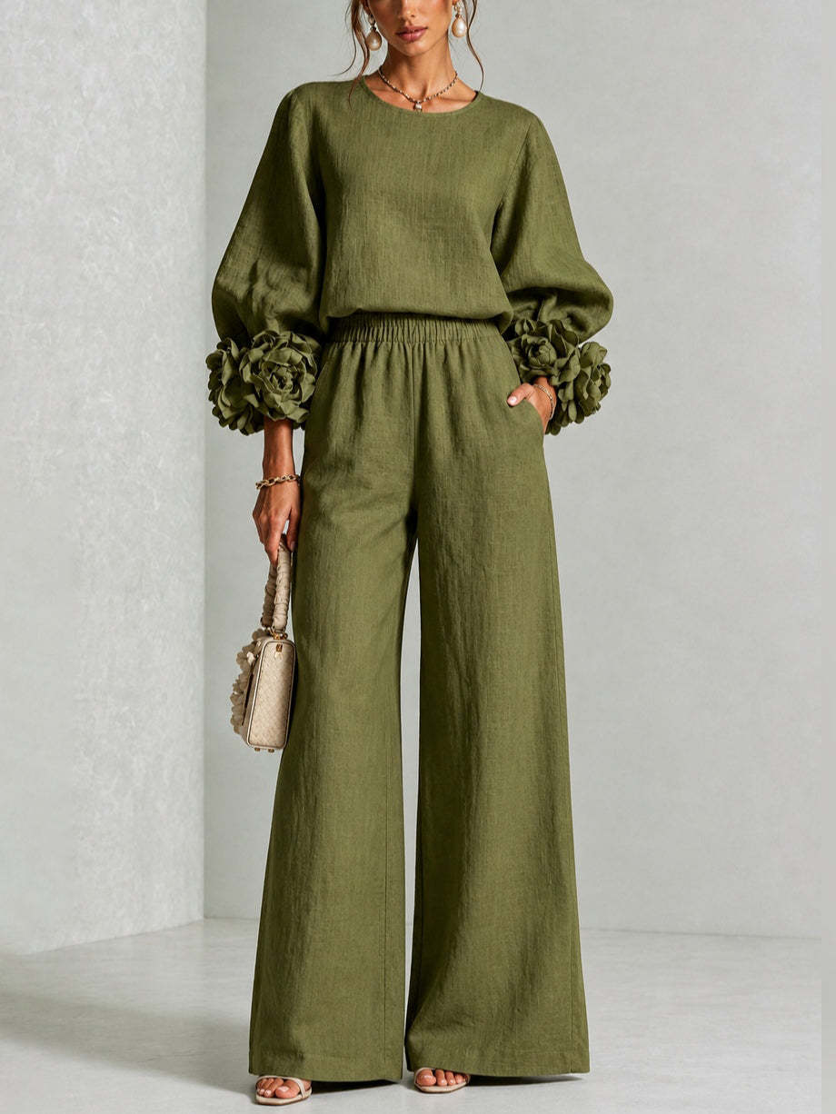 Kitty – Floral Cuff Wide-Leg Two-Piece Set