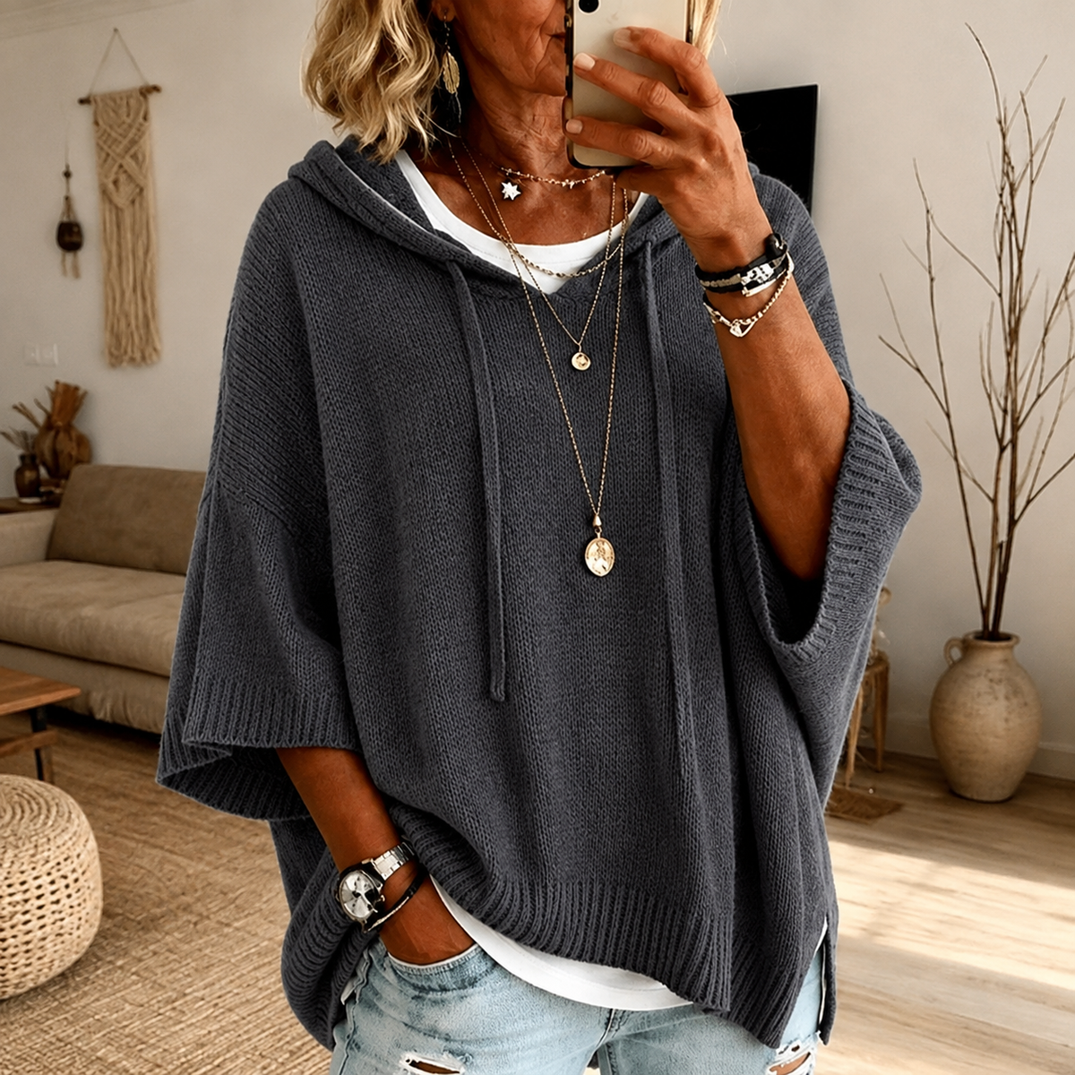 Hilary – Hooded Poncho Knit Top