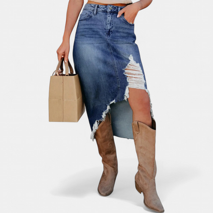 Phoebe – Distressed Asymmetric Denim Midi Skirt