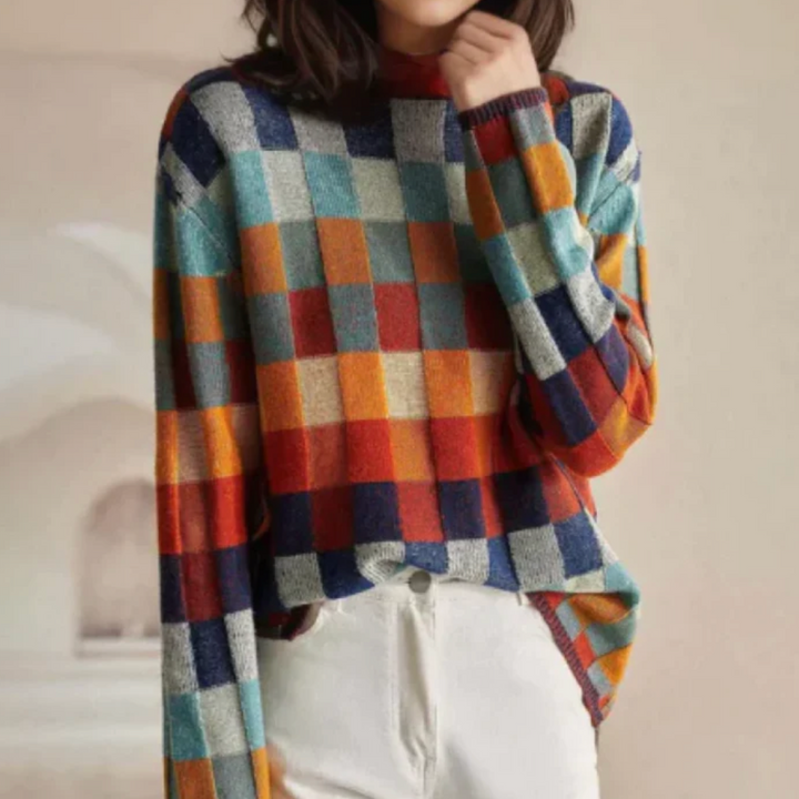 Jill – Retro Checkered Turtleneck Jumper