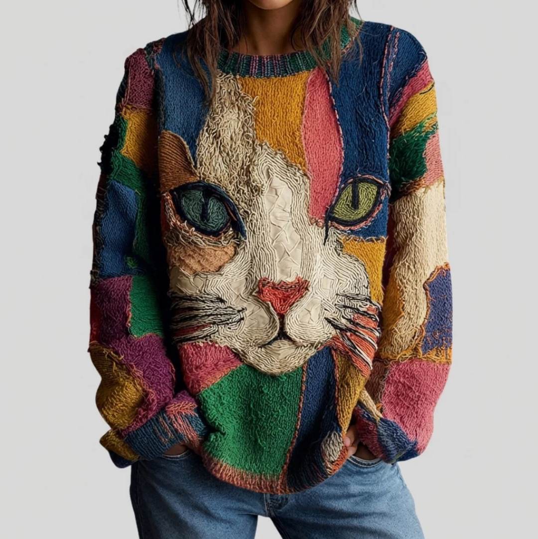 Carole – Artistic Cat Print Knit Jumper