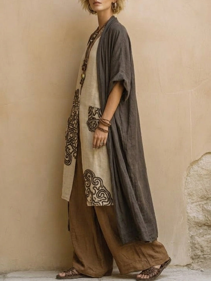 Margaret | Dark Grey & Brown Tribal Print Three-Piece Set