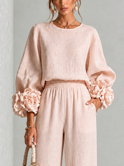 Kitty – Floral Cuff Wide-Leg Two-Piece Set