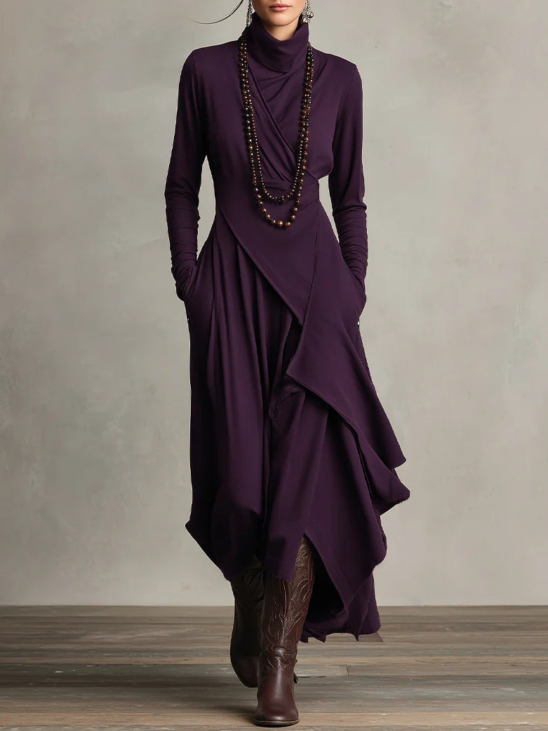 Meredith – Asymmetric Draped Polo Neck Maxi Dress