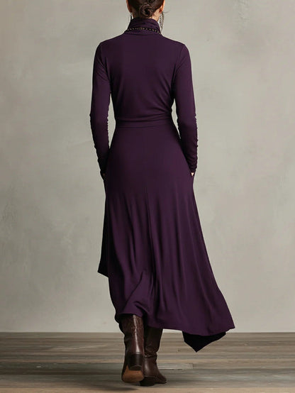 Meredith – Asymmetric Draped Polo Neck Maxi Dress