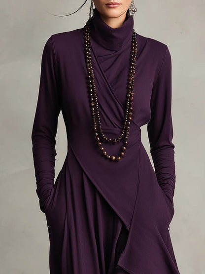 Meredith – Asymmetric Draped Polo Neck Maxi Dress
