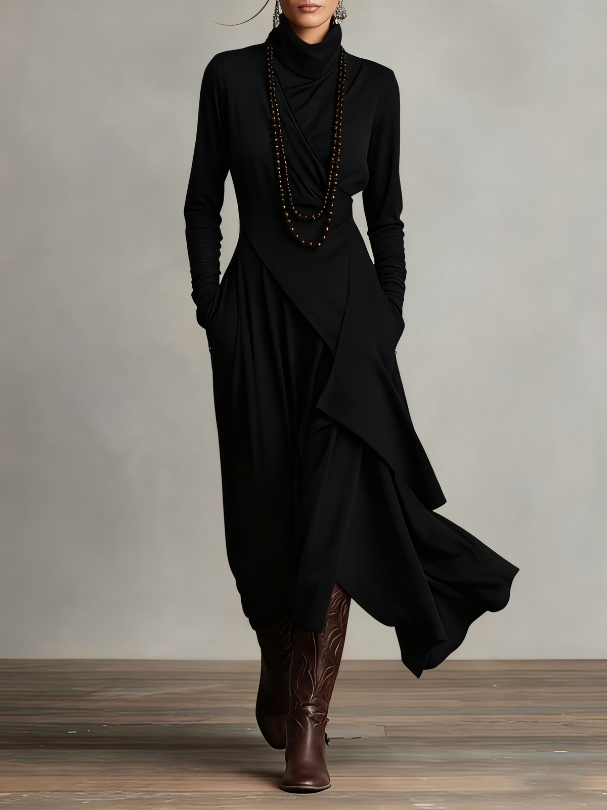 Meredith – Asymmetric Draped Polo Neck Maxi Dress