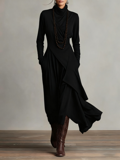 Meredith – Asymmetric Draped Polo Neck Maxi Dress