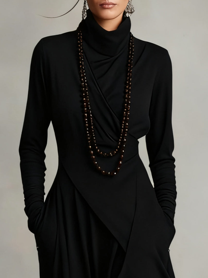 Meredith – Asymmetric Draped Polo Neck Maxi Dress