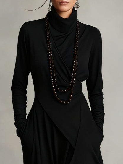 Meredith – Asymmetric Draped Polo Neck Maxi Dress