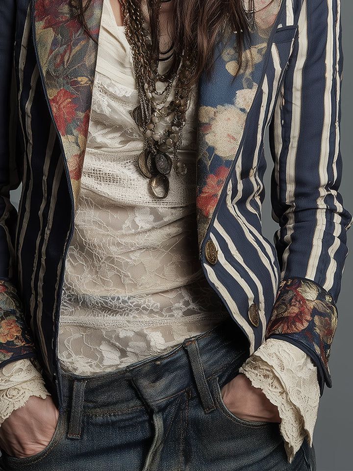 Marion – Striped Blazer with Bohemian Floral Detail