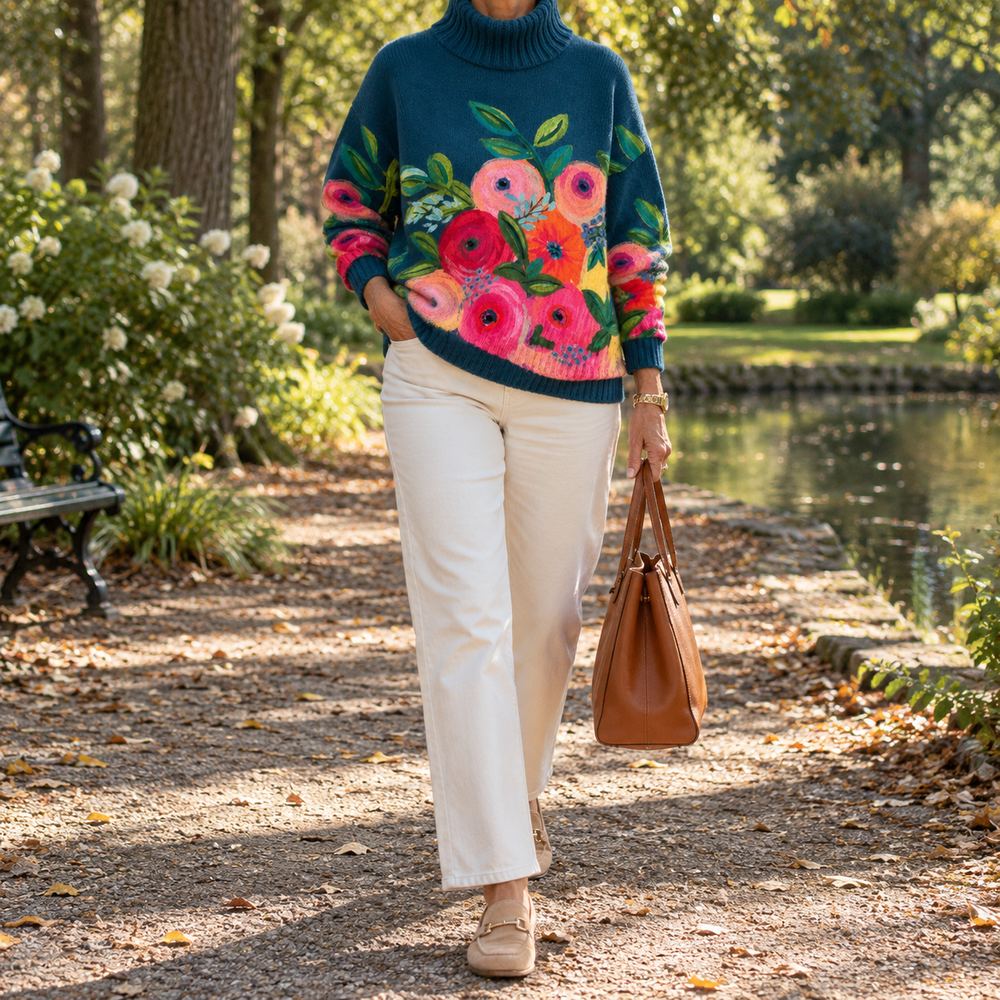 Mairead – Floral Print Polo Neck Jumper
