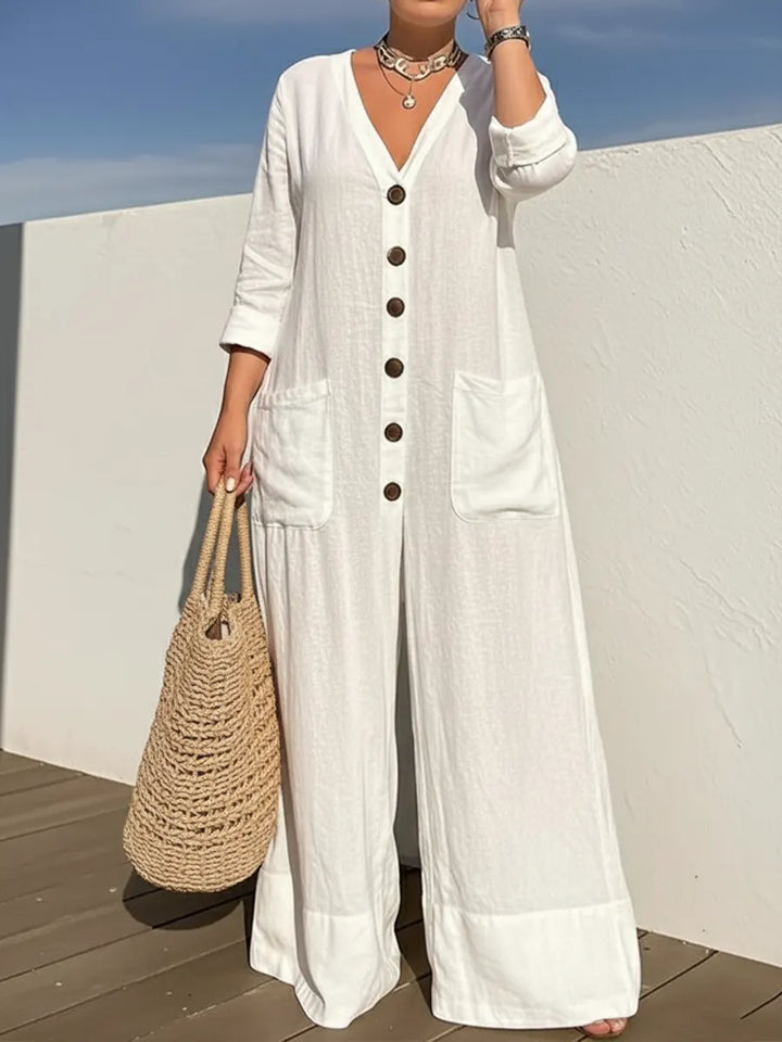 Minnie – Wide Leg Button-Front Linen-Look Jumpsuit