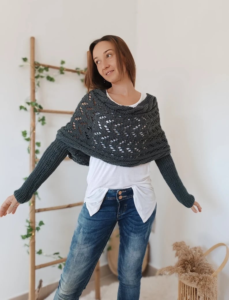 Lilian – Lace-Knit Wrap Shrug with Sleeves