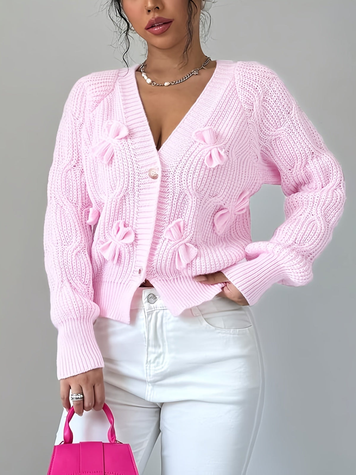 Perpetua – Bow-Detail Cable-Knit Cardigan