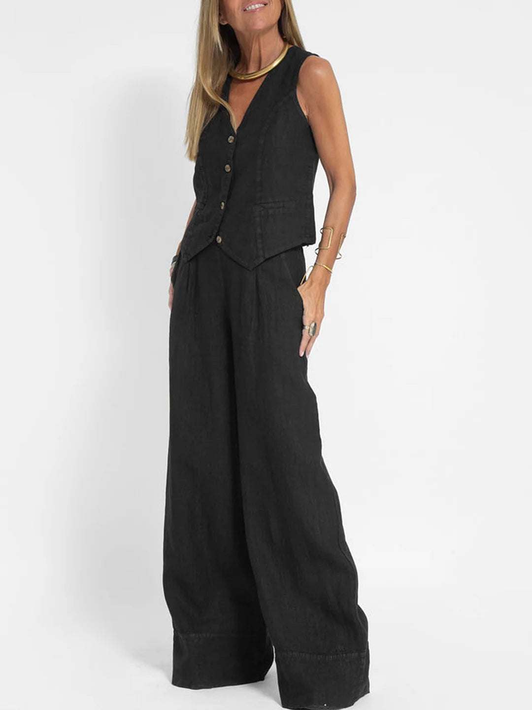 Cristina | Buttoned Vest and Wide-Leg Trousers Set
