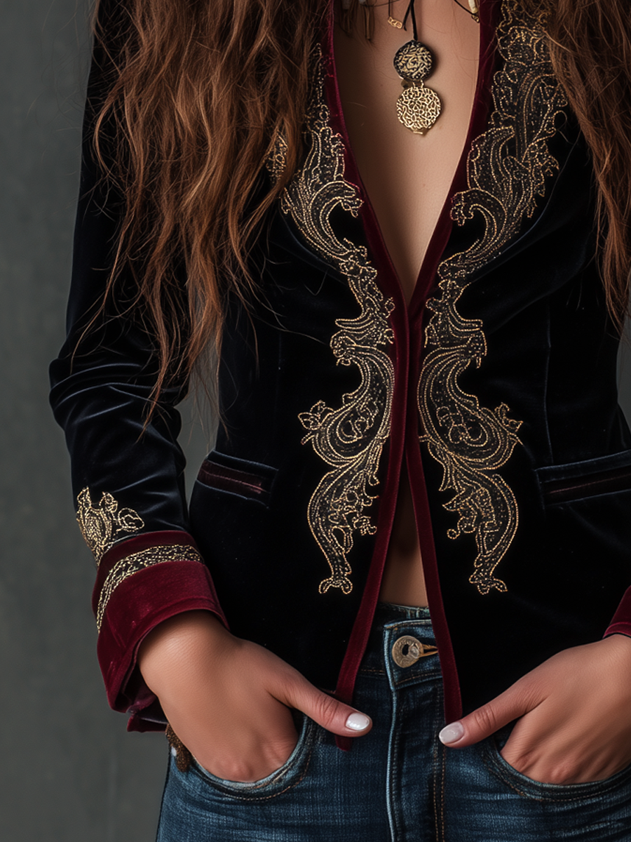 Harriet – Baroque Embroidered Velvet-Look Blazer