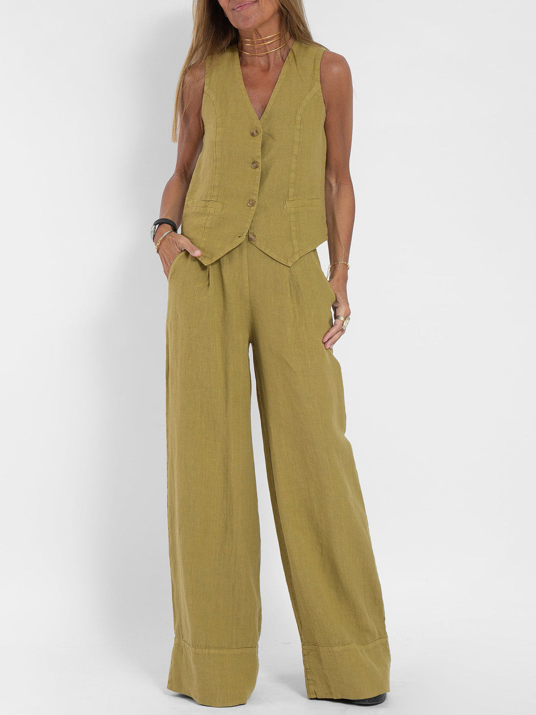Cristina | Buttoned Vest and Wide-Leg Trousers Set