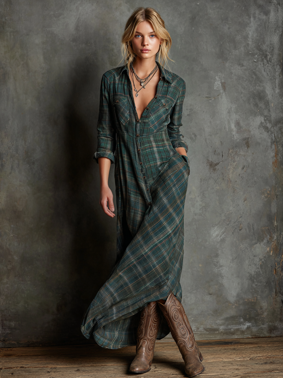Mhairi – Plaid Shirt Maxi Dress