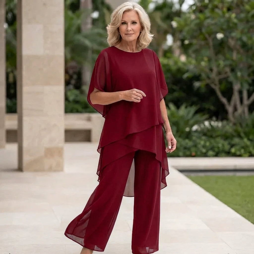 Thomasina – Layered Chiffon Top and Wide-Leg Trouser Set