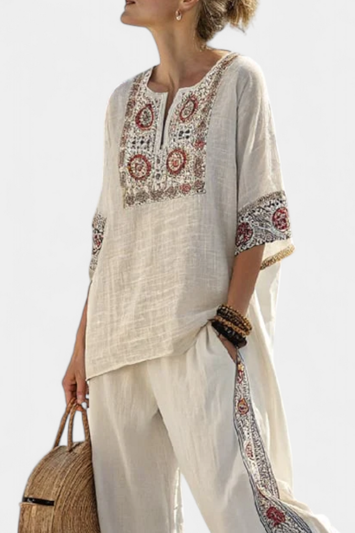 Emiliana | Sophisticated Embroidered Raw Blouse & Wide Trousers