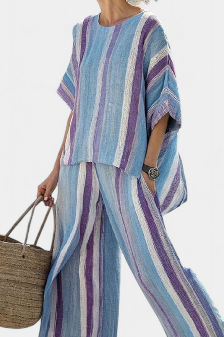Neely | Elegant Mauve Pastel Top & Striped Linen Trousers