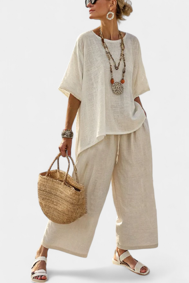Ryleigh | Comfortable Minimalist Raw Blouse & Wide-Leg Trousers